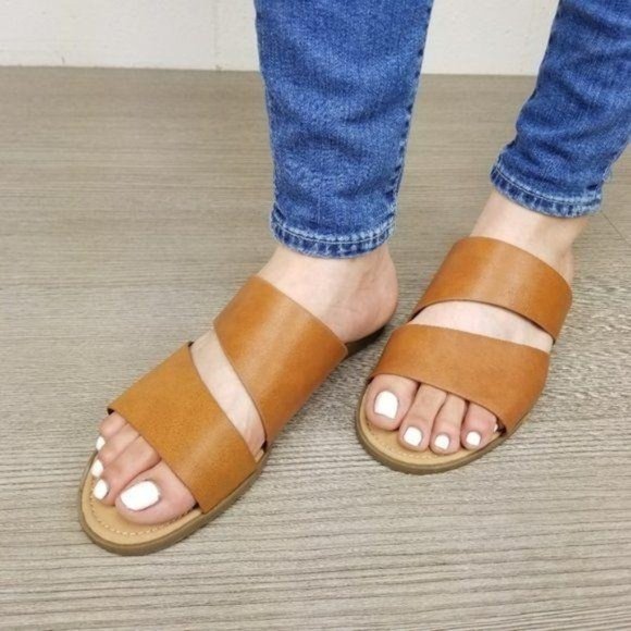 Shoes - Tan Vegan Leather Flat Comfort Sandal